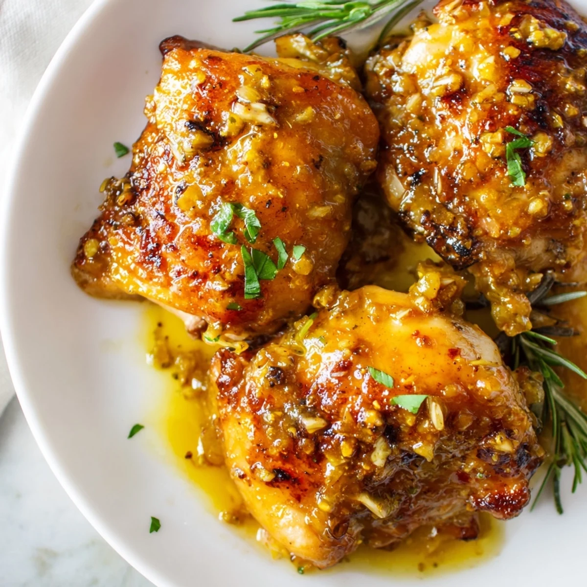 Golden baked honey mustard chicken thighs glazed with tangy sauce and fresh parsley