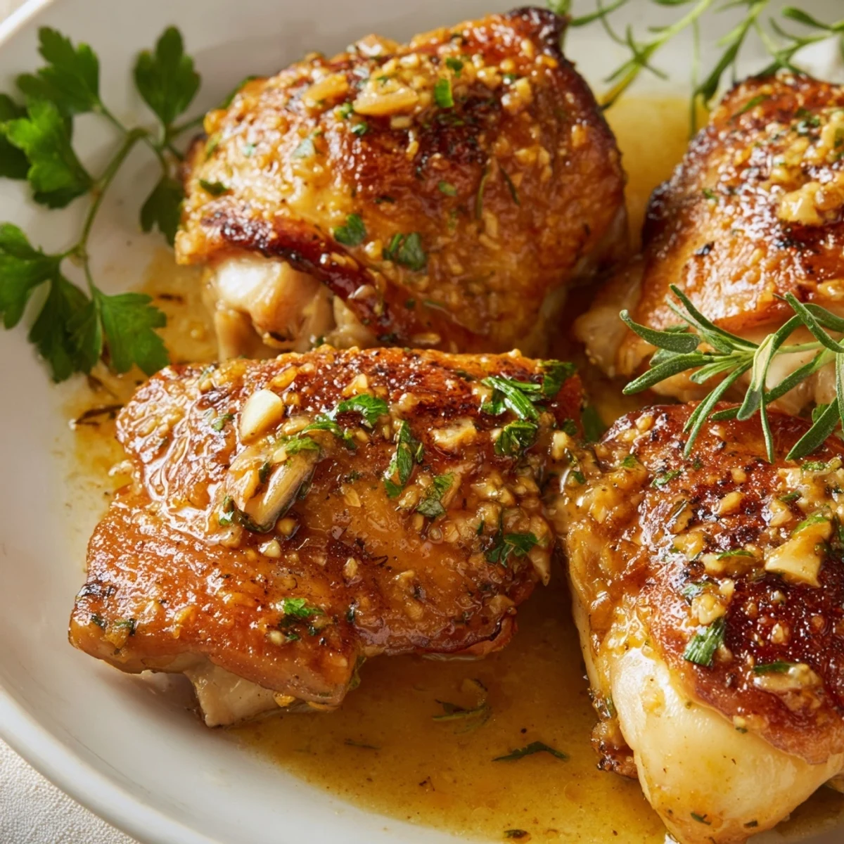 Juicy oven-roasted honey mustard chicken with caramelized skin served over white dinner plate