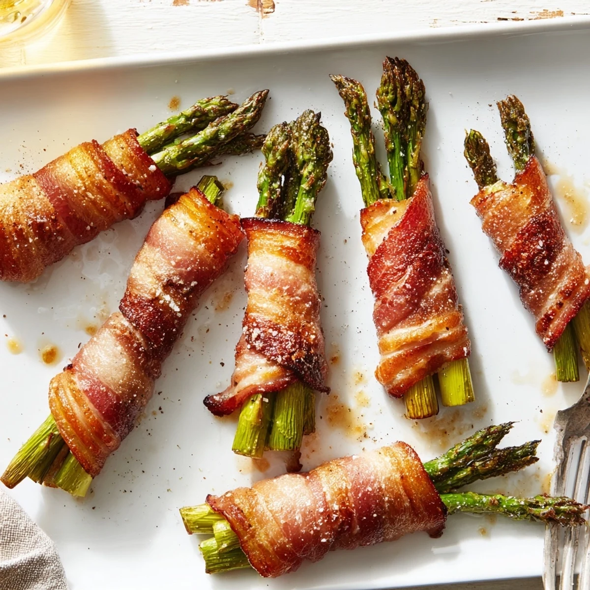Golden bacon wrapped asparagus spears roasted until crispy on a baking sheet