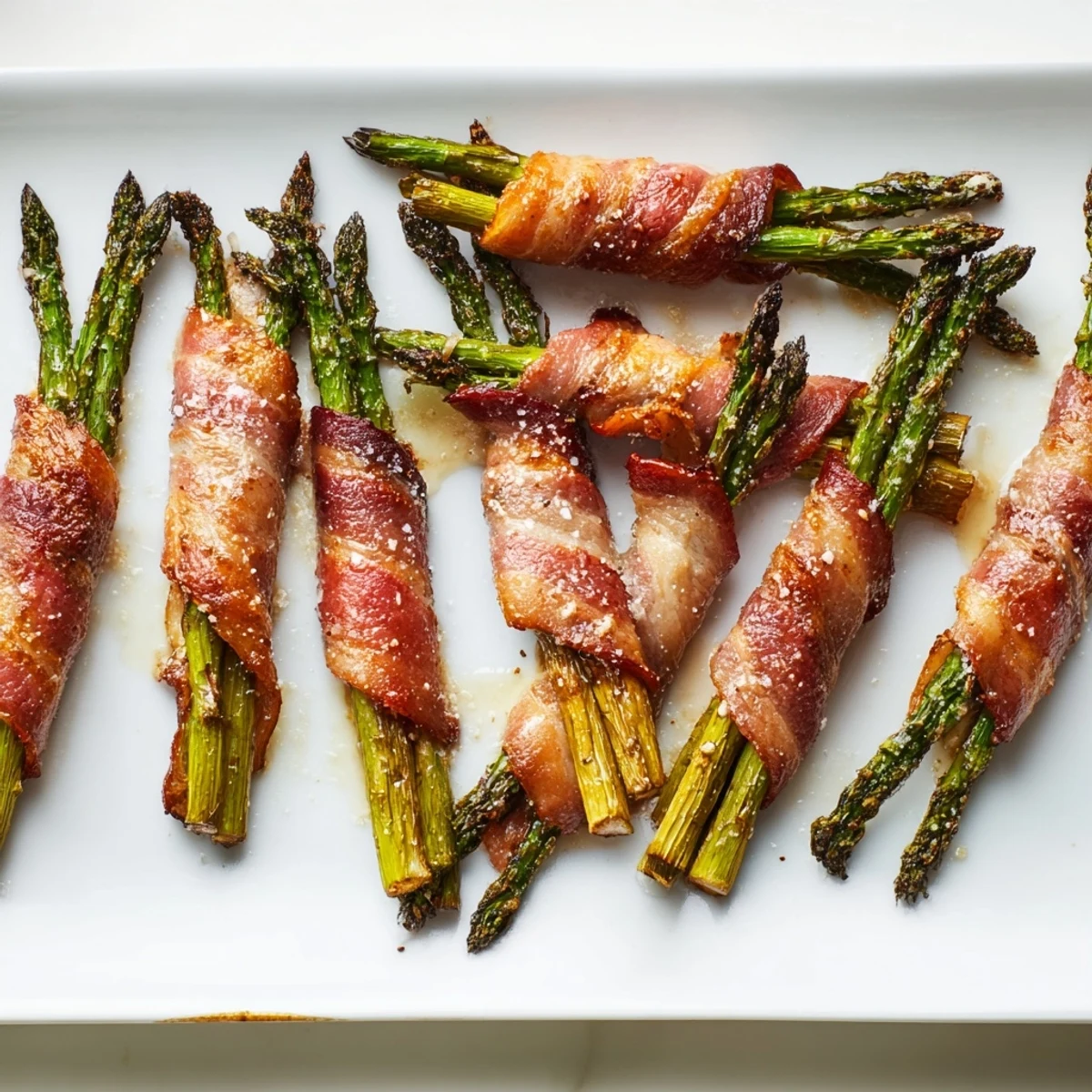 Savory appetizer of fresh asparagus spears spiraled with crispy bacon, ready to serve