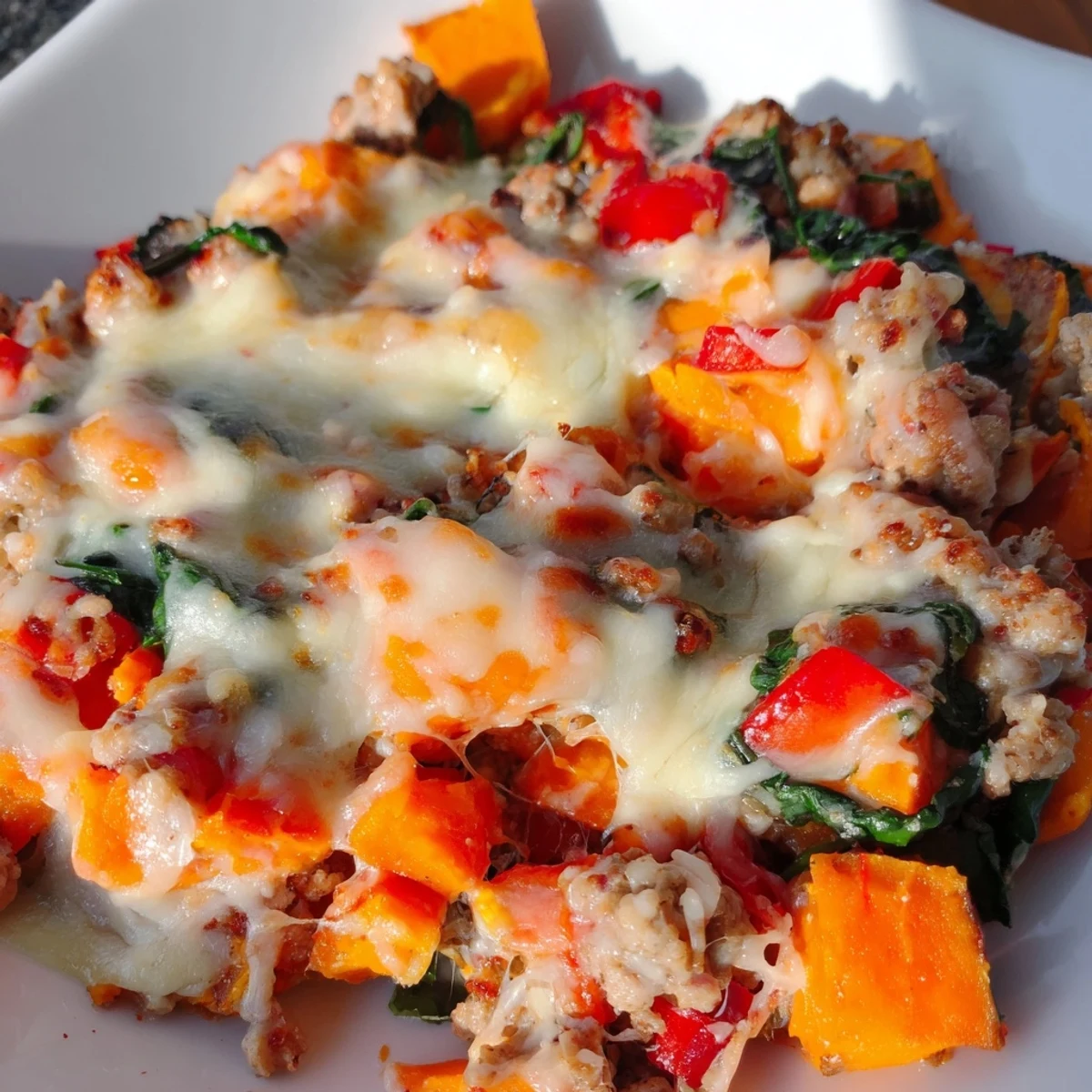 Golden brown ground turkey sweet potato bake casserole with melted mozzarella and colorful vegetables