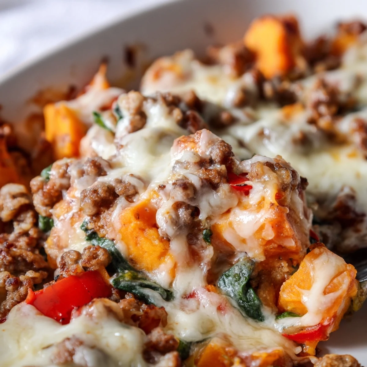 Bubbling ground turkey sweet potato bake fresh from the oven with a cheesy golden crust
