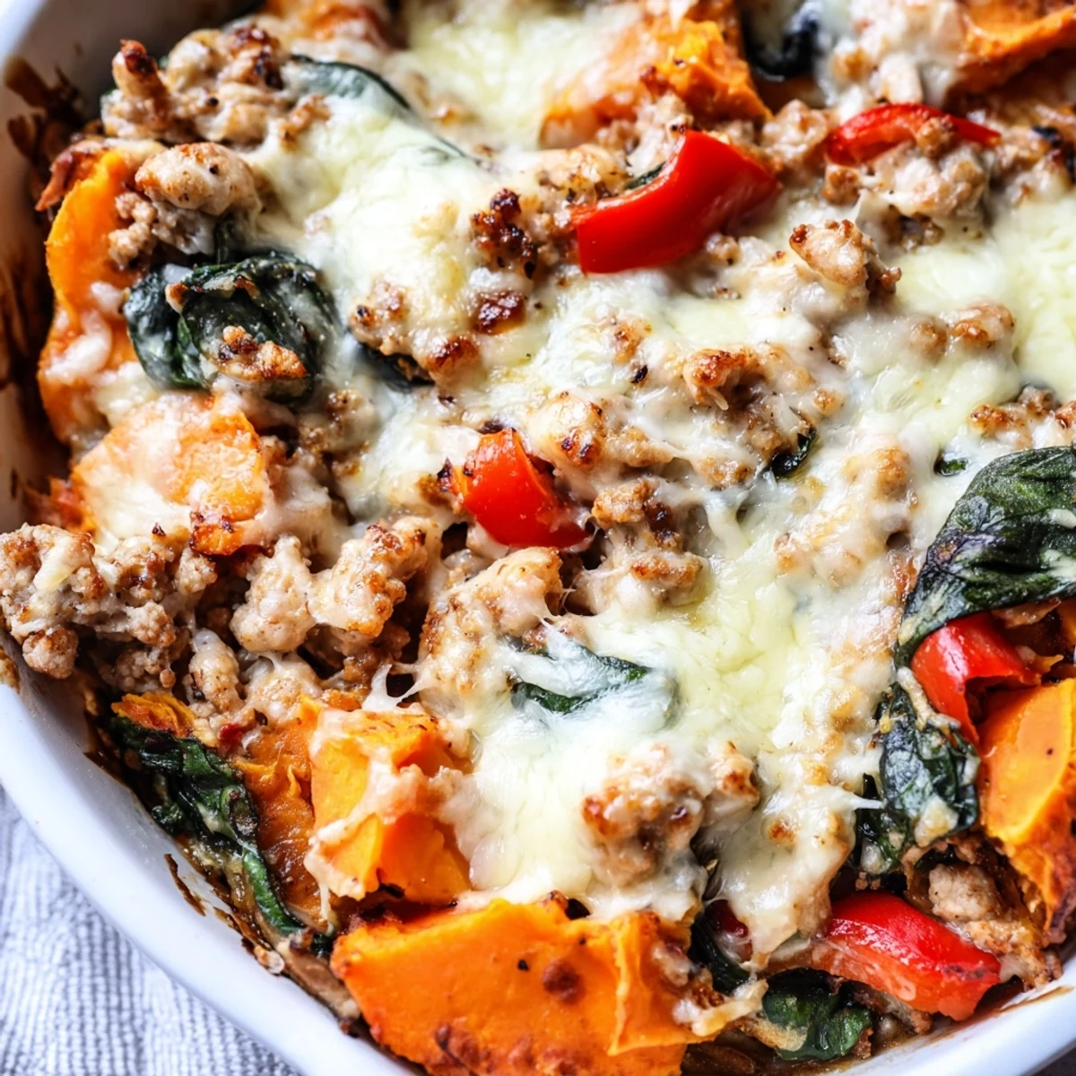 Hearty ground turkey sweet potato bake casserole featuring tender diced sweet potatoes and savory spinach