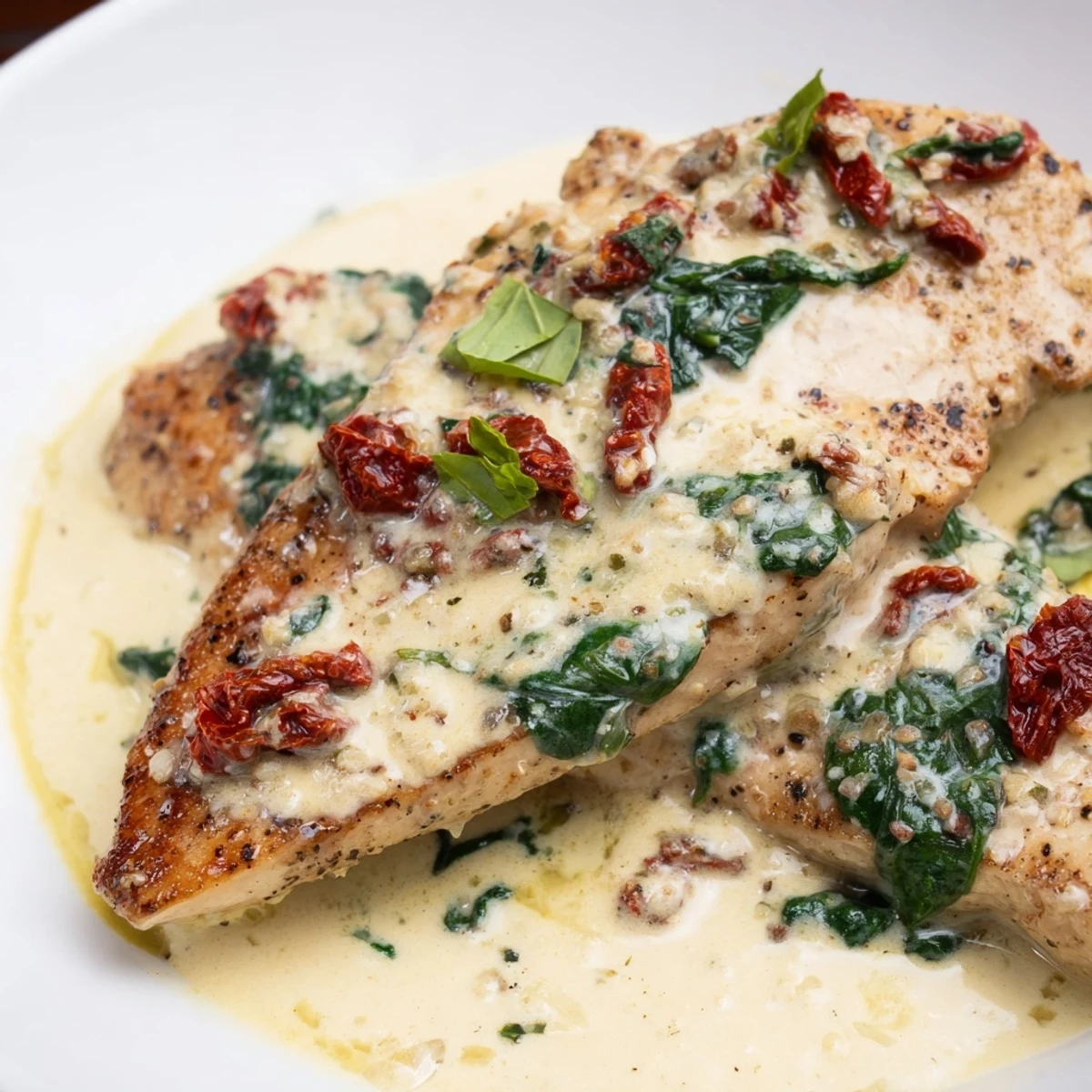 Golden pan-seared chicken breasts nestled in creamy Tuscan sauce with sun-dried tomatoes and wilted spinach