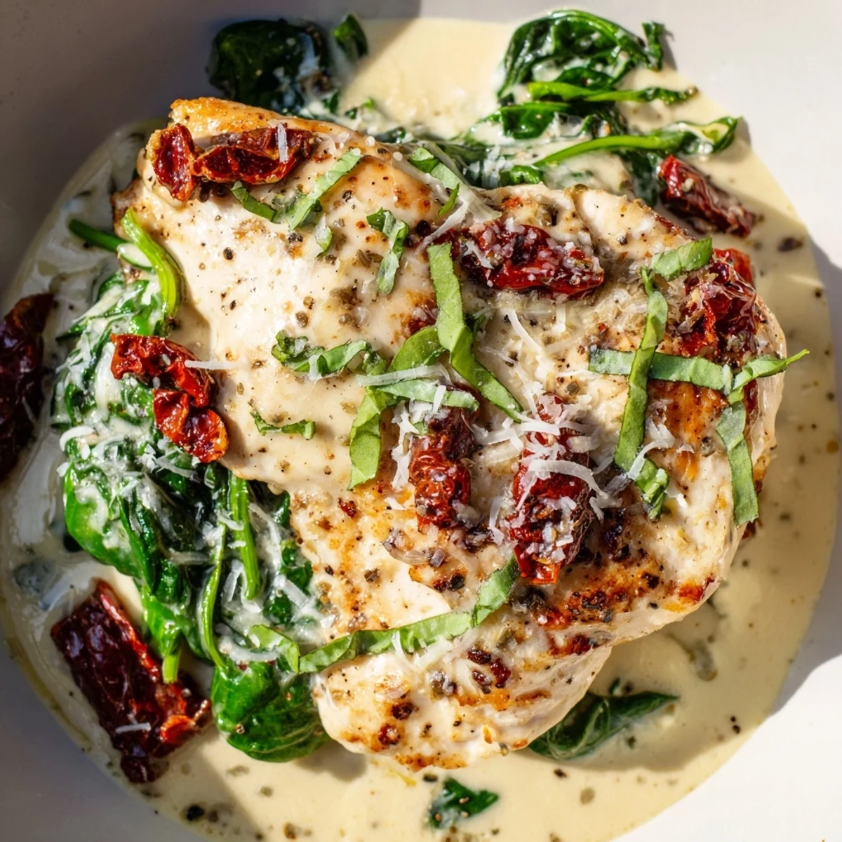 Juicy chicken simmering in rich garlic cream sauce with vibrant spinach and sun-dried tomatoes in skillet