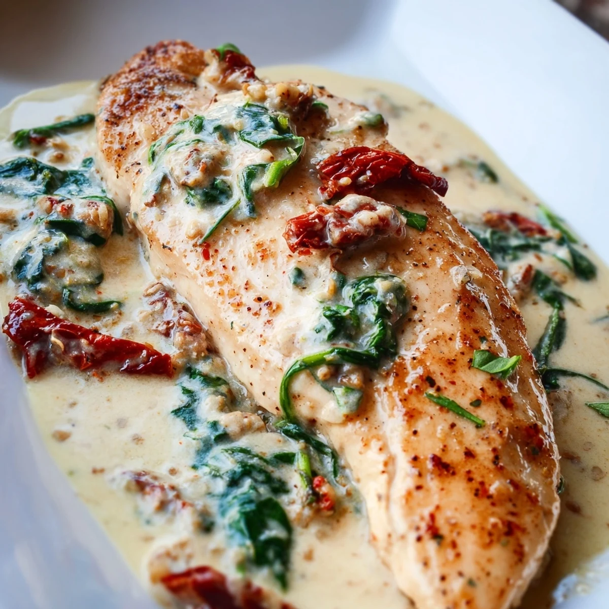 Savory low carb creamy Tuscan chicken served on white plate garnished with fresh basil and Parmesan