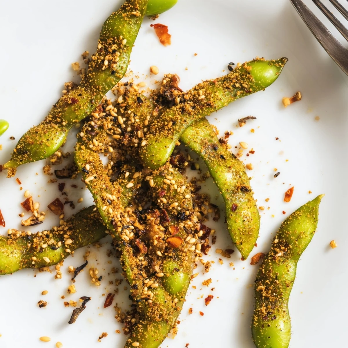 Golden air fryer edamame pods sprinkled with sesame seeds in a white serving bowl