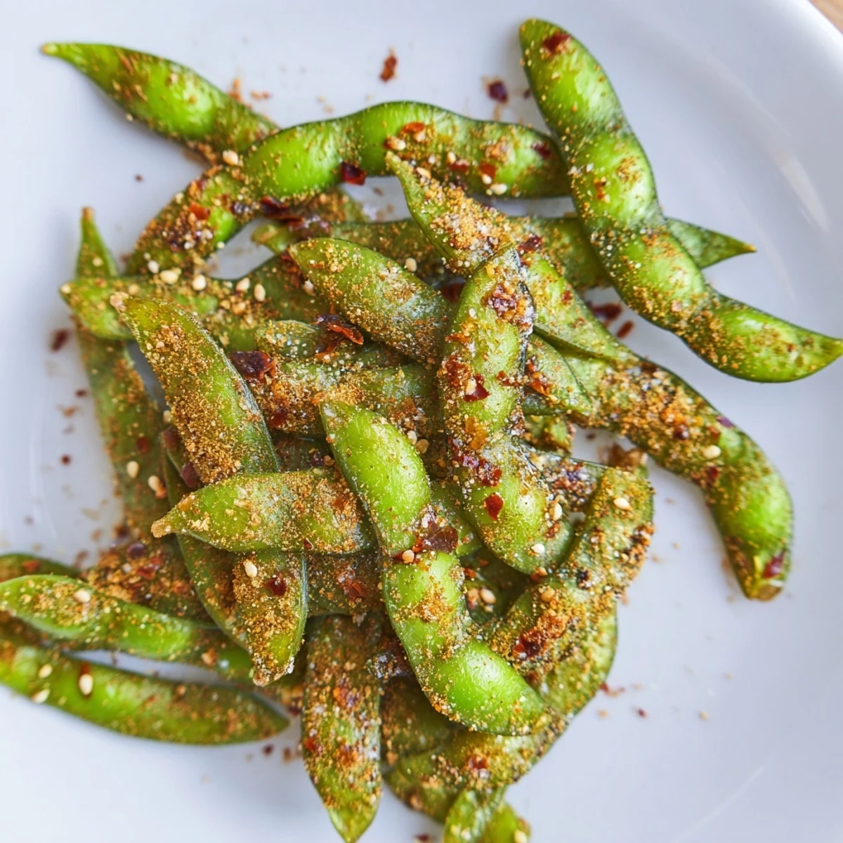 Lightly seasoned crispy air fryer edamame with smoked paprika and garlic powder coating
