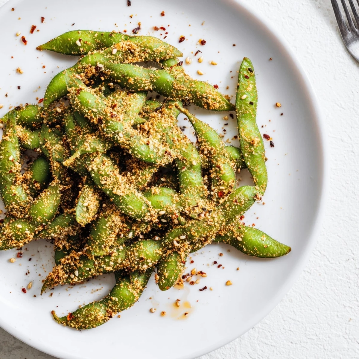 Healthy protein-packed air fryer edamame appetizer garnished with chili flakes and sea salt