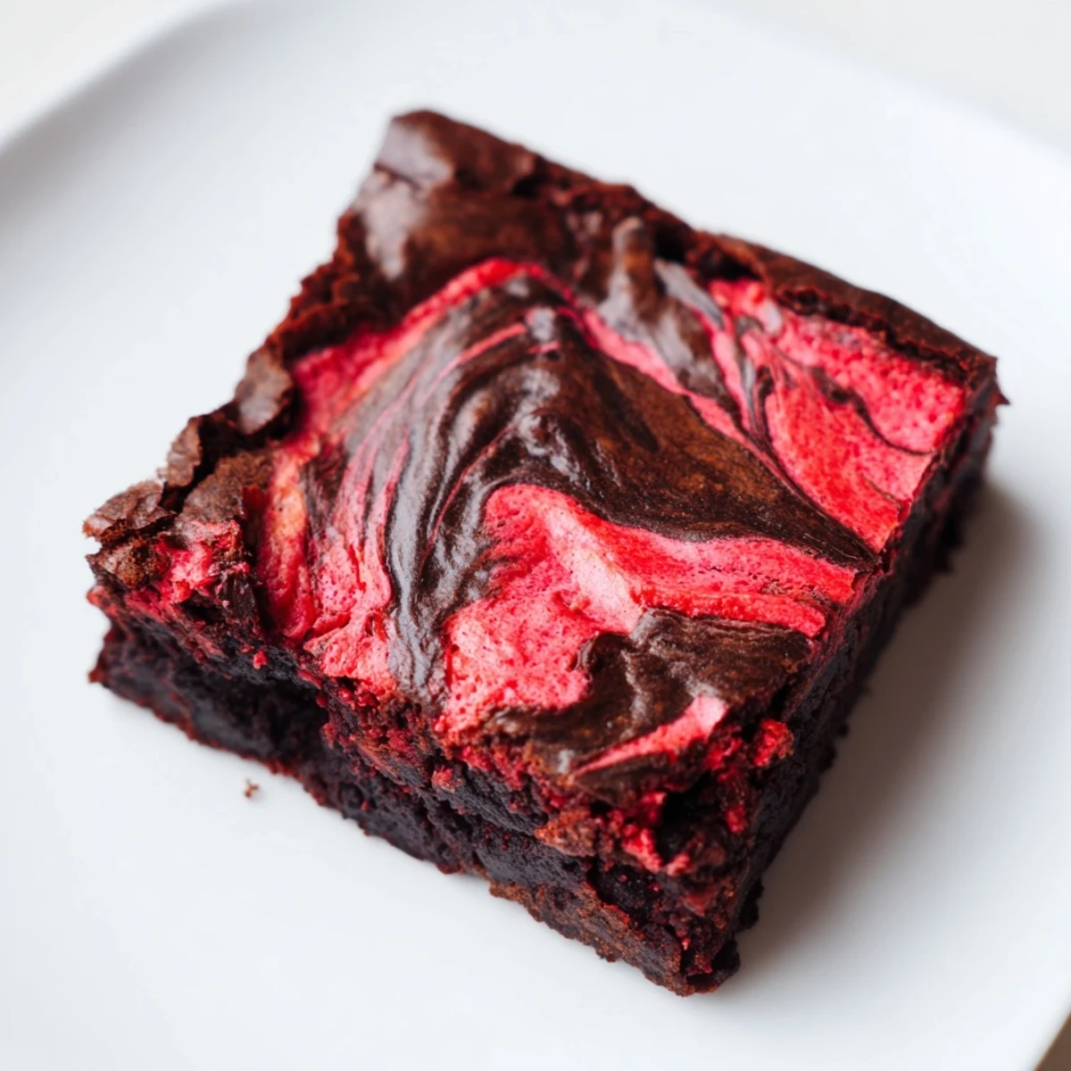 Fudgy strawberry brownies featuring a rich chocolate swirled with vibrant red strawberry puree