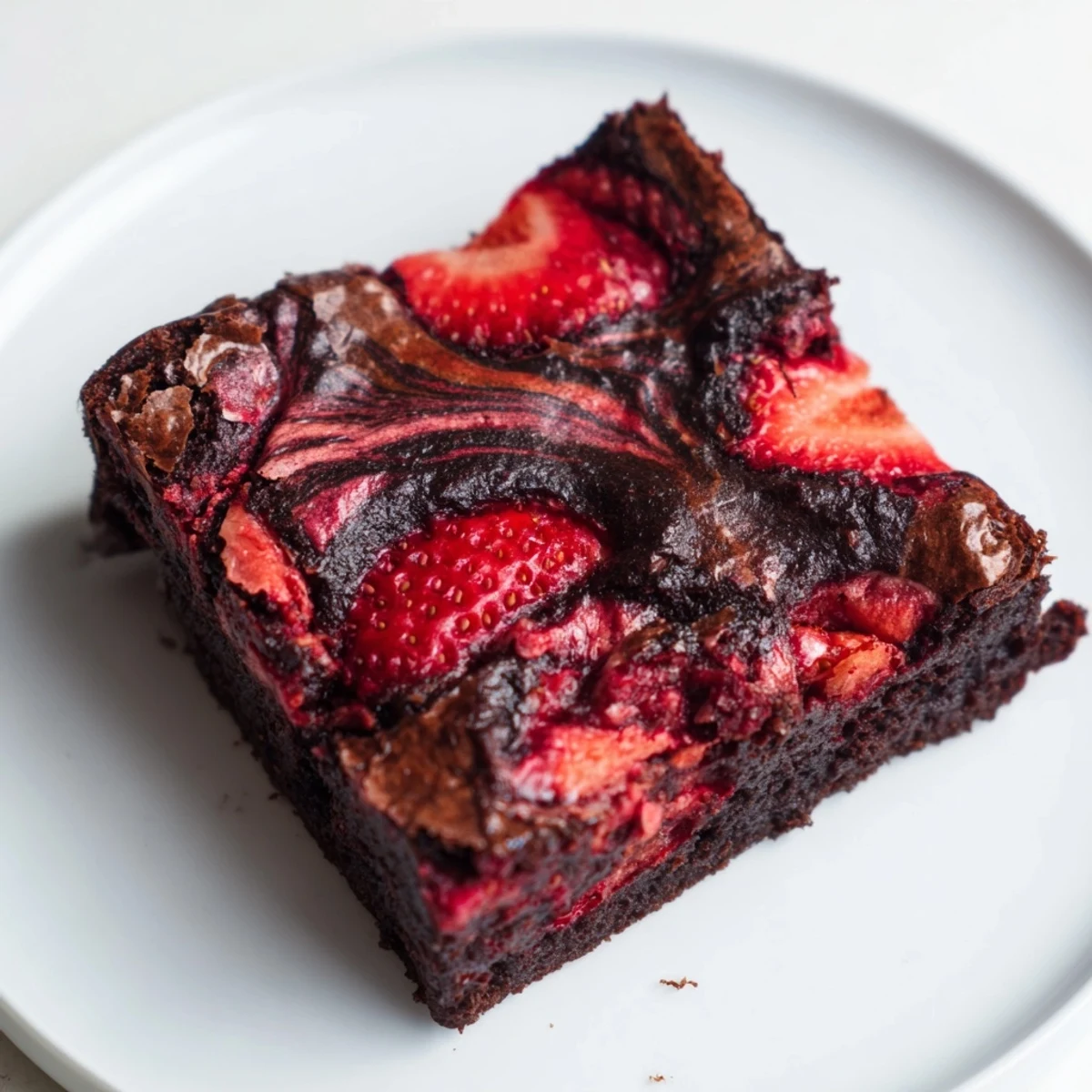 Freshly baked strawberry brownies cut into squares displaying a beautiful marbled chocolate and fruit pattern