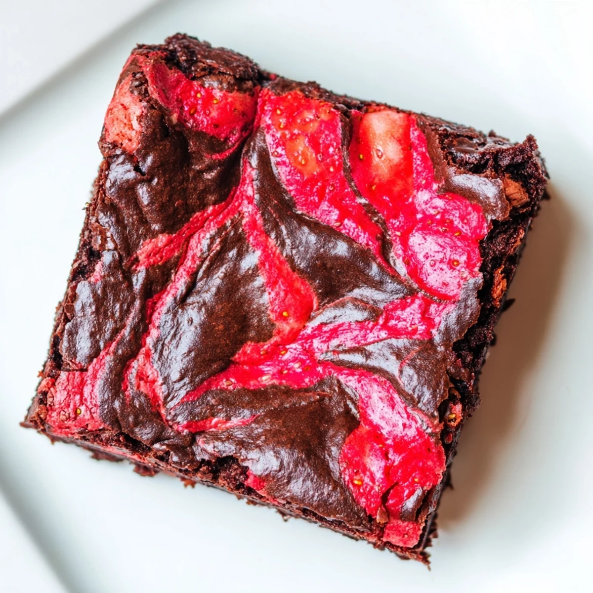 Homemade strawberry brownies with a glossy cracked top and sweet pink berry swirls throughout