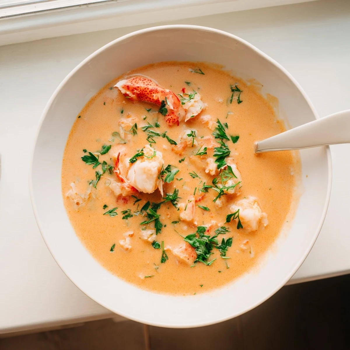 Rich and velvety prawn and lobster bisque garnished with fresh parsley in a white bowl