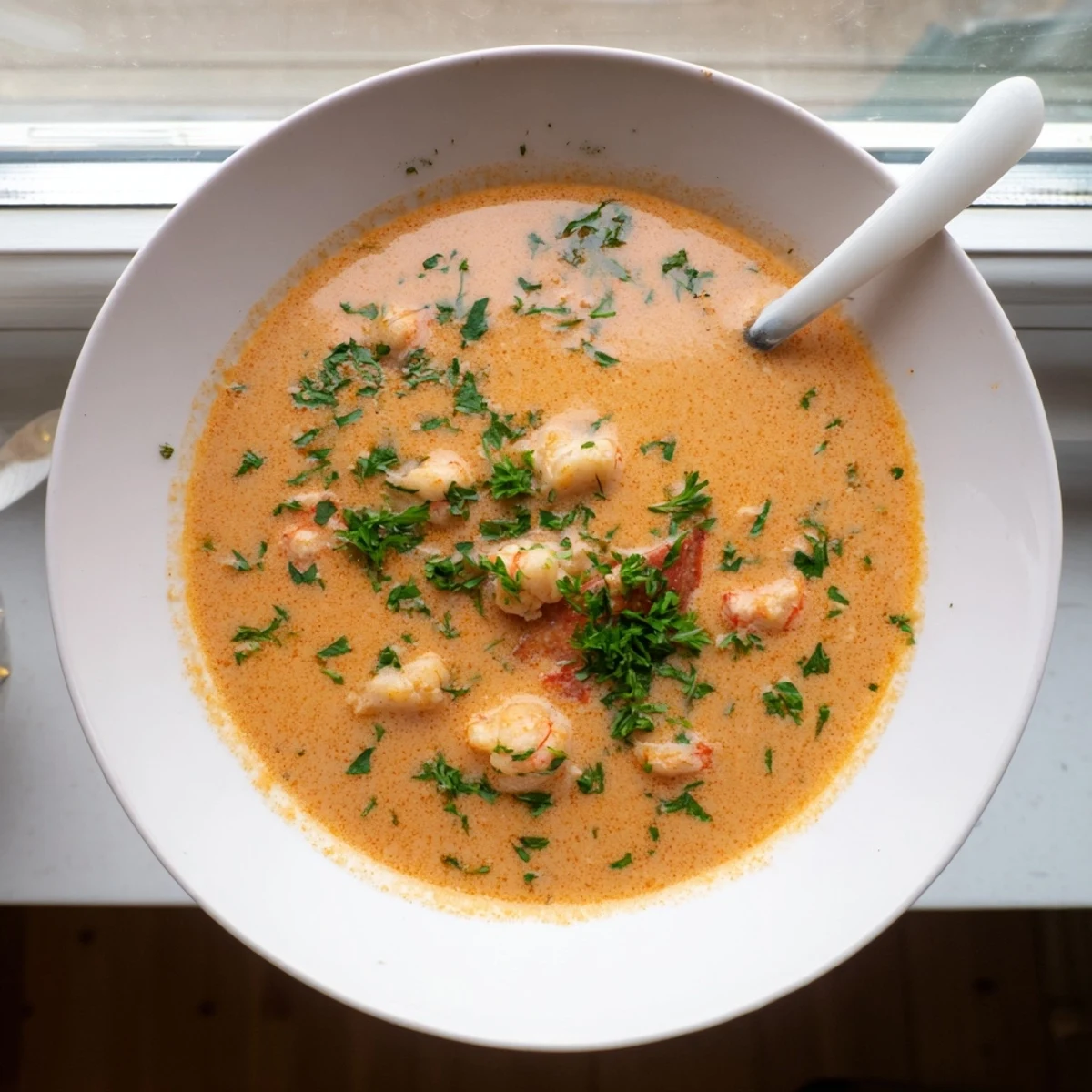 Luxurious French-style prawn and lobster bisque topped with chopped herbs and ready to be enjoyed