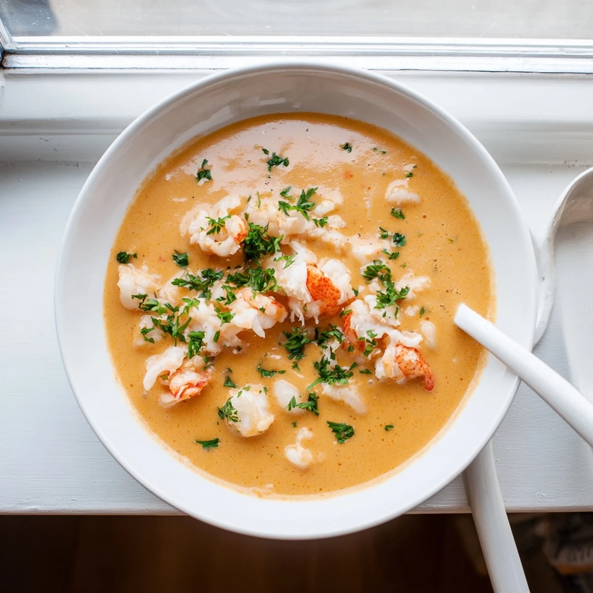 Steaming hot creamy seafood bisque featuring tender prawn and lobster chunks served in an elegant bowl