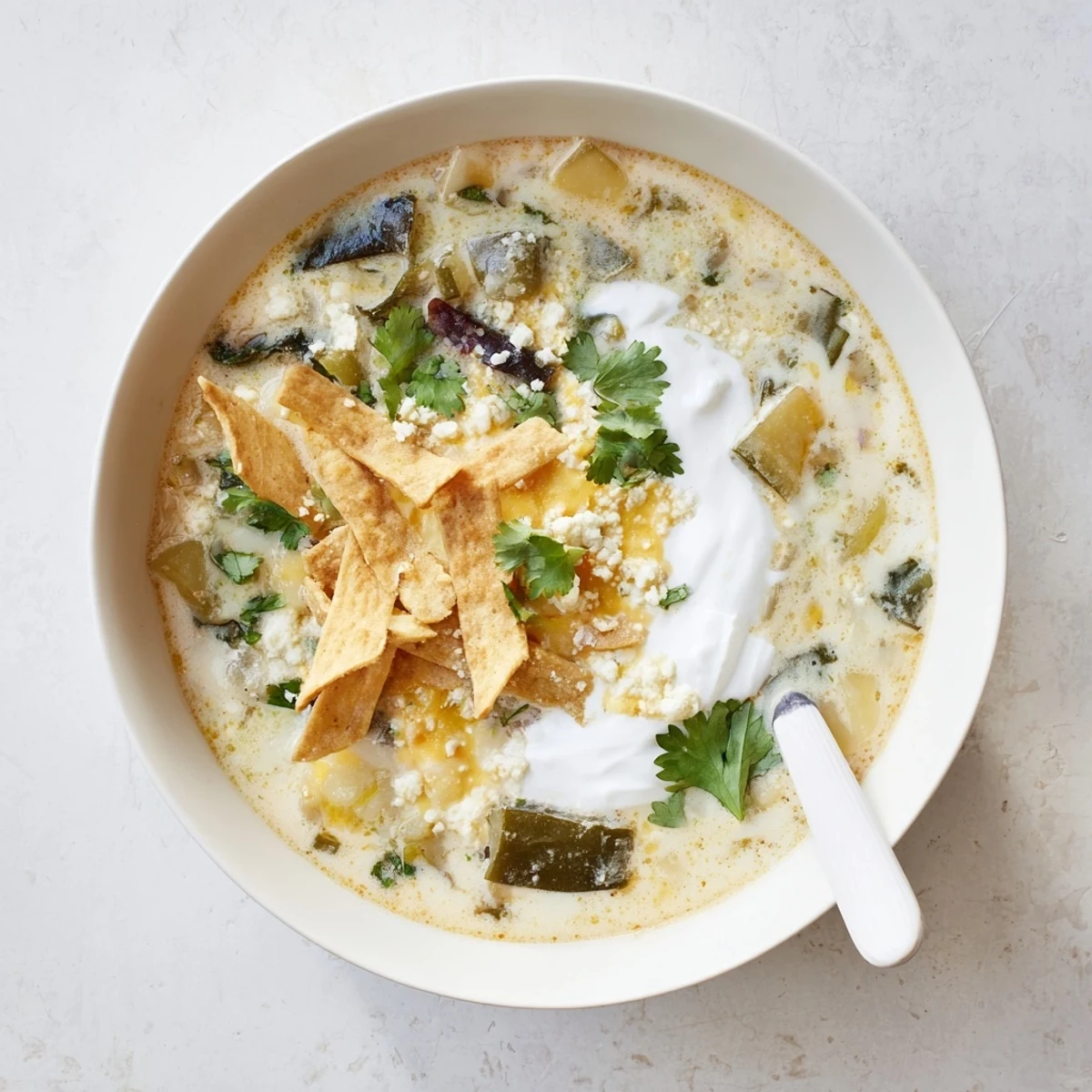 Creamy Chile Relleno Soup topped with melted cheese and fresh cilantro garnish