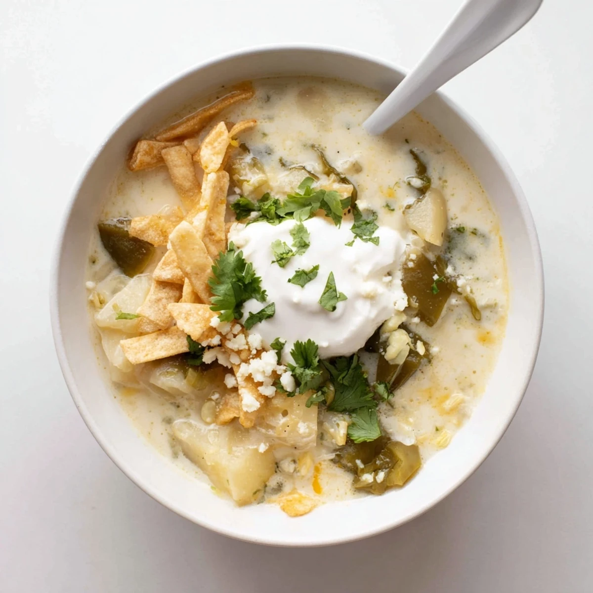 Rich Chile Relleno Soup with tortilla strips and queso fresco sprinkled on top