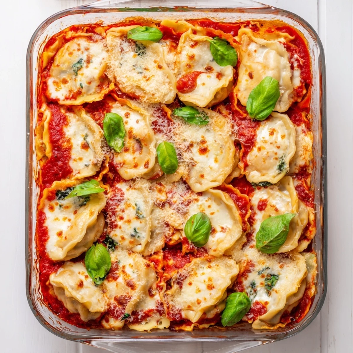 Golden cheese bubbling over layered dumpling lasagna with rich tomato sauce and fresh basil garnish
