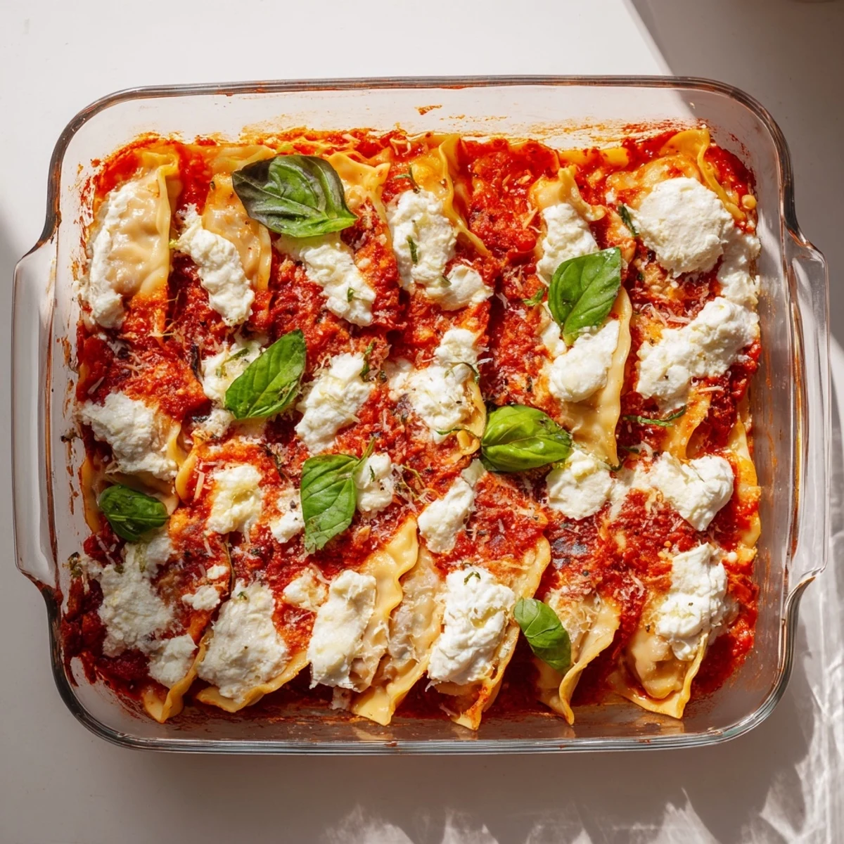 Baked dumpling lasagna casserole featuring crispy gyoza, melted mozzarella, and savory marinara in layers
