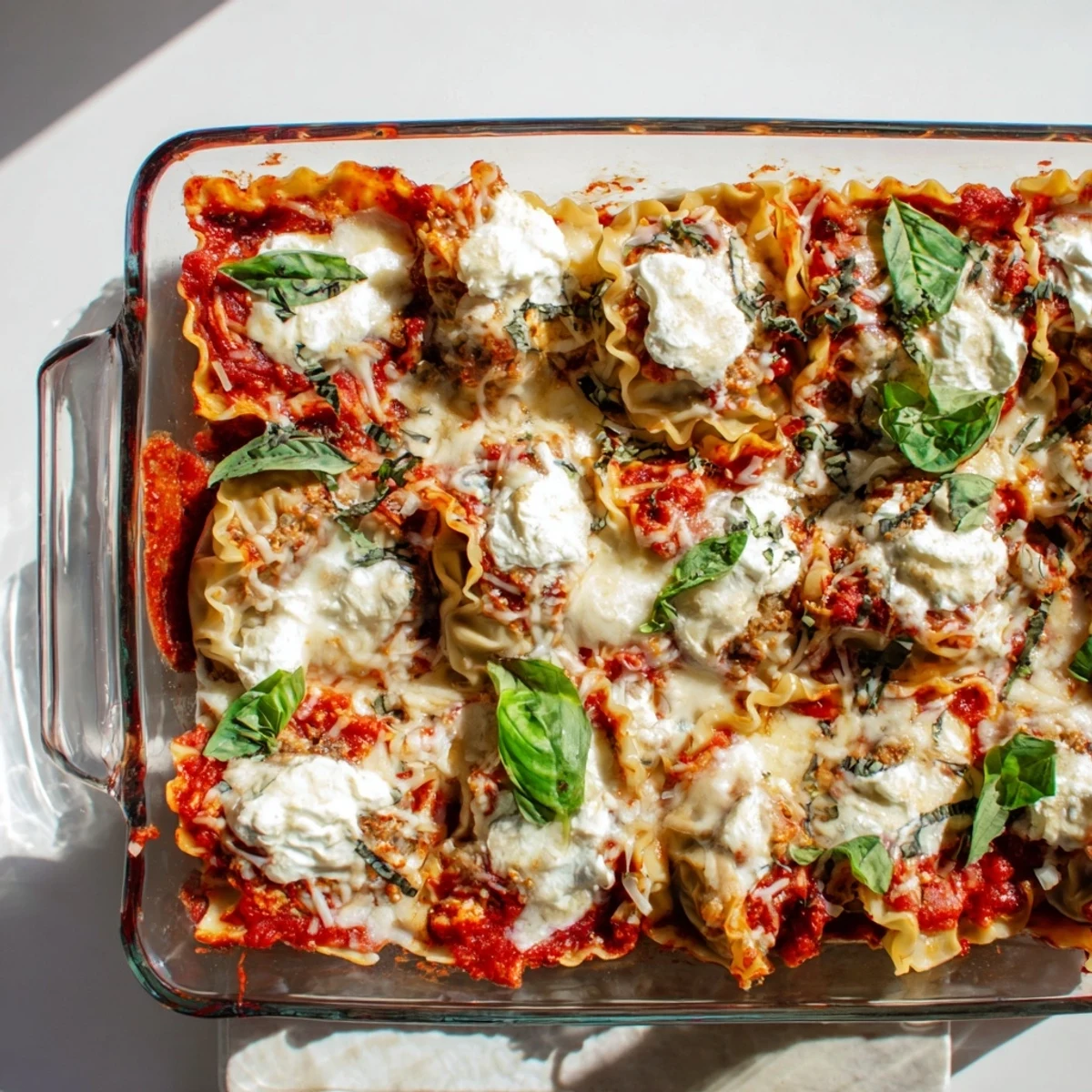 Hearty dumpling lasagna fresh from the oven with gooey cheese topping and tender potstickers inside