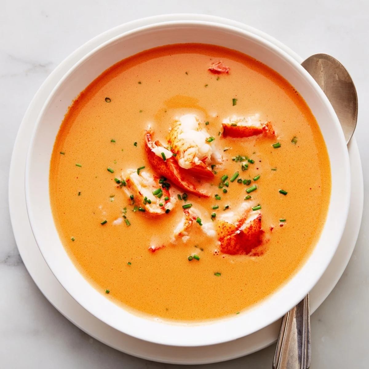 Creamy lobster bisque with tender chunks in a bowl garnished with fresh chives