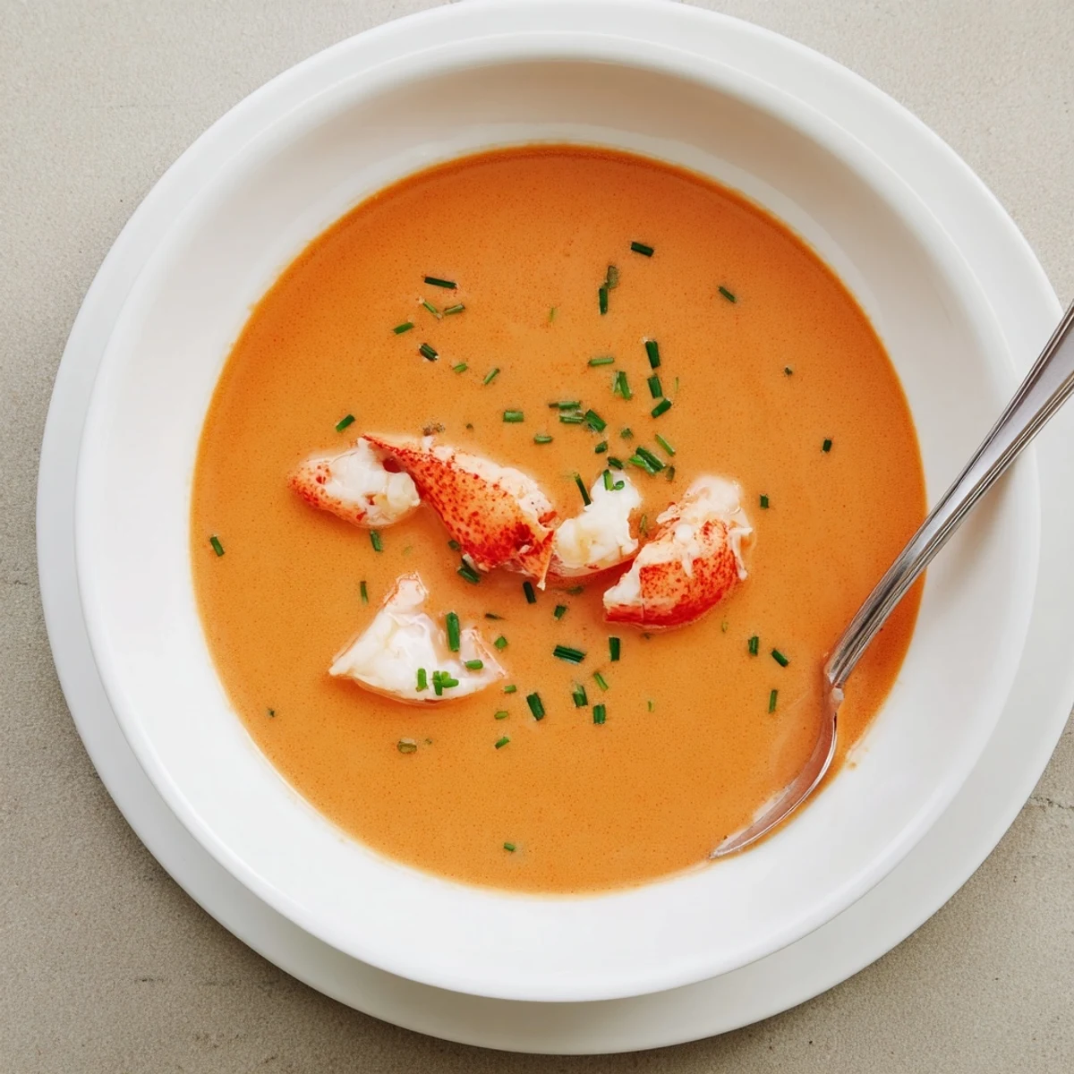 Silky smooth lobster bisque featuring tender meat in a white porcelain bowl