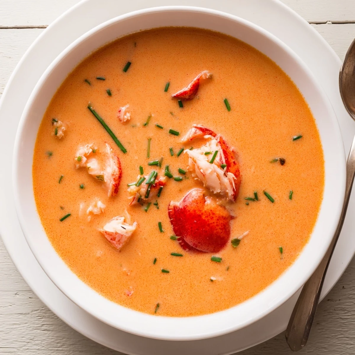 Rich restaurant-style lobster bisque served with crusty bread and a white wine pairing