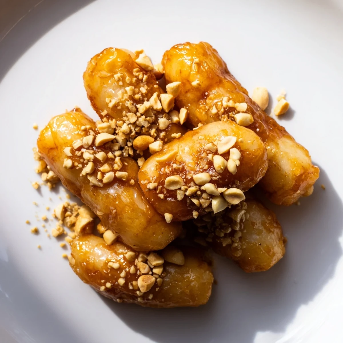 Golden Korean pan fried rice cakes drizzled with glossy sweet butter glaze and sesame seeds