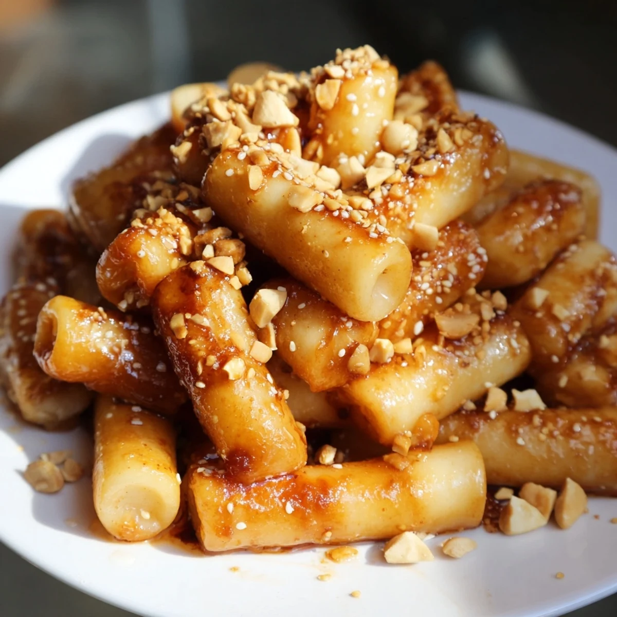 Plate of Korean rice cakes in sweet butter glaze topped with roasted peanuts and sesame seeds
