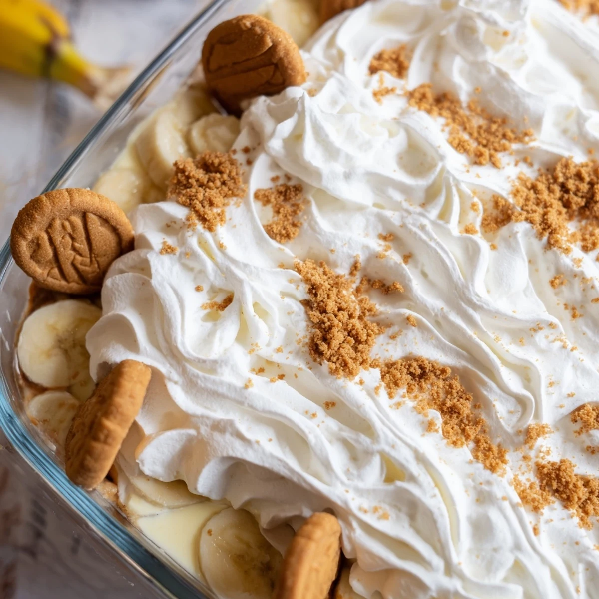 No-bake Biscoff banana pudding dessert topped with whipped cream and crushed Biscoff cookie garnish