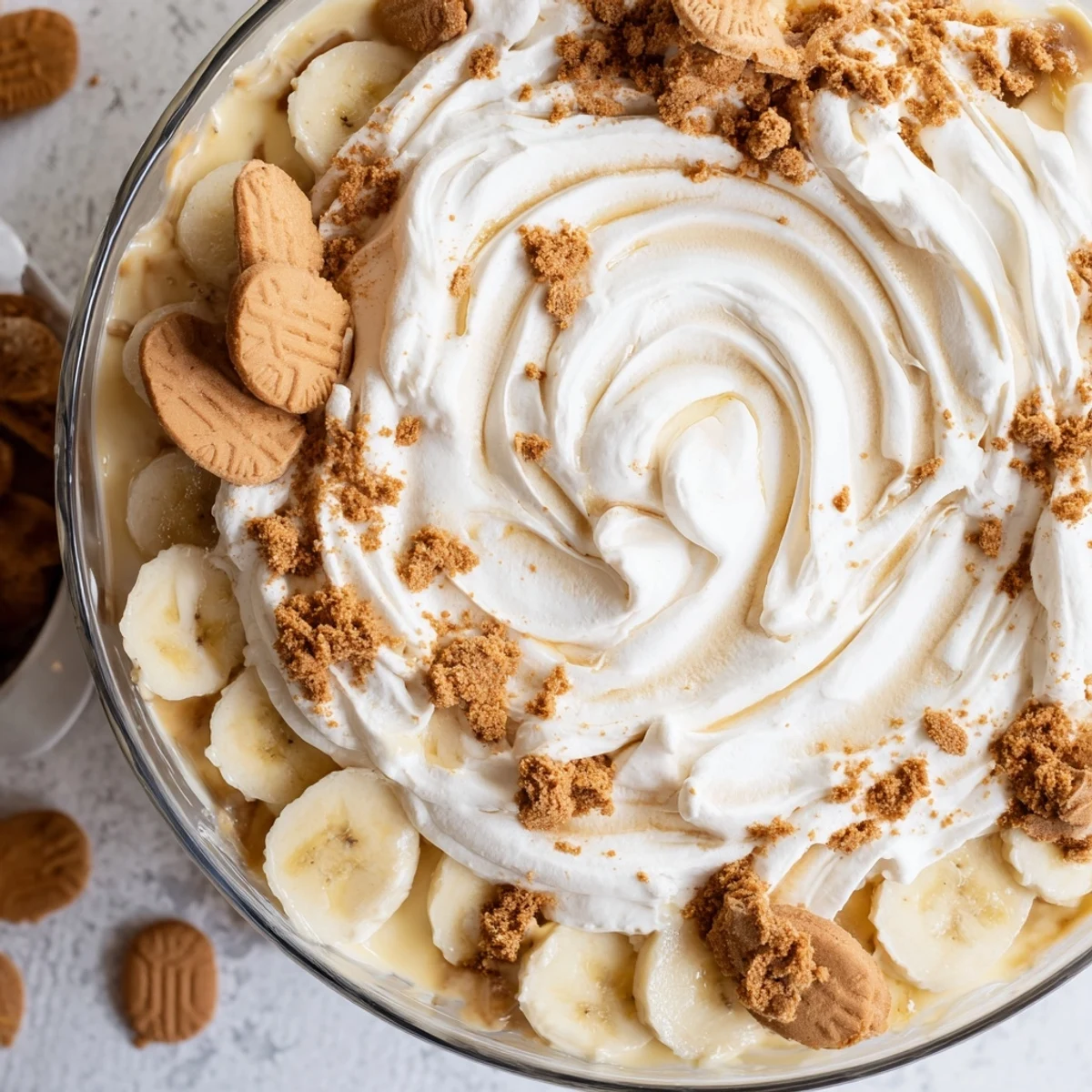 Creamy Biscoff banana pudding layered with fresh sliced bananas and spiced caramel cookies in a glass trifle dish
