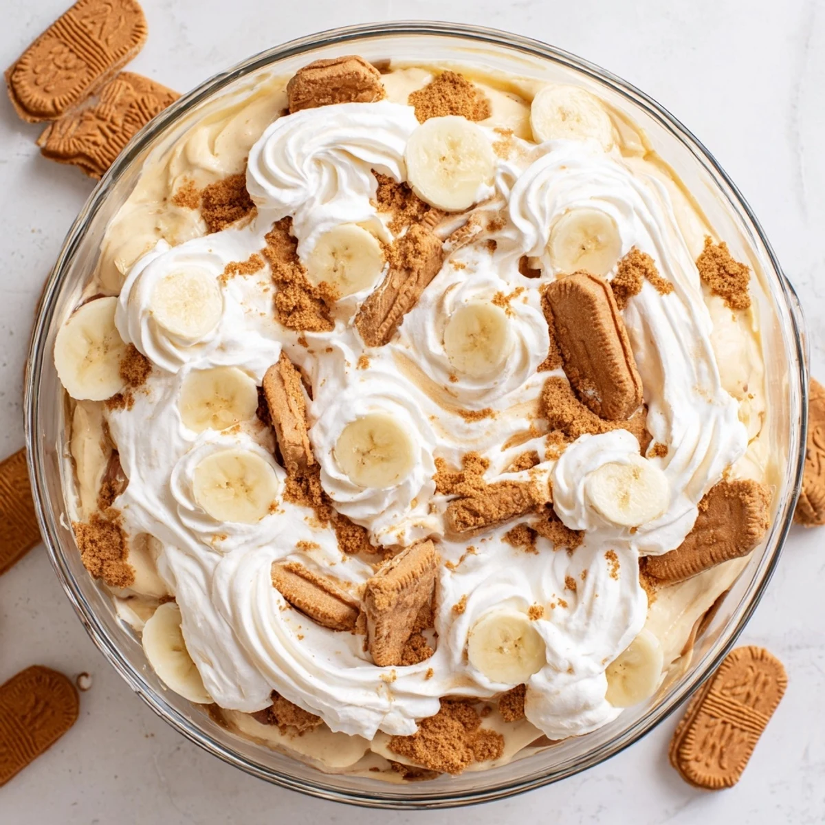 Golden Biscoff banana pudding trifle featuring alternating layers of vanilla custard and ripe banana slices