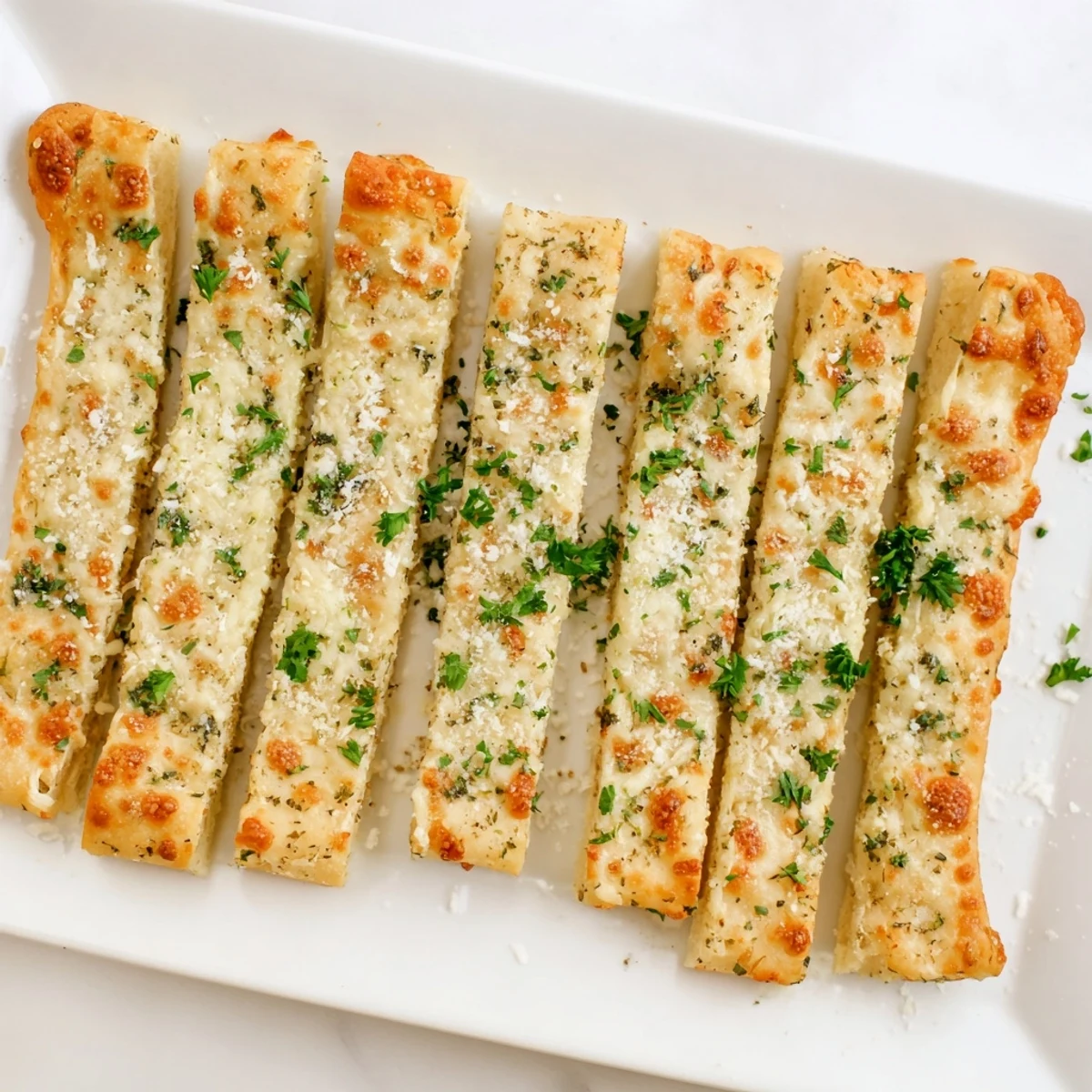 Golden keto garlic butter breadsticks brushed with melted butter and fresh parsley garnish