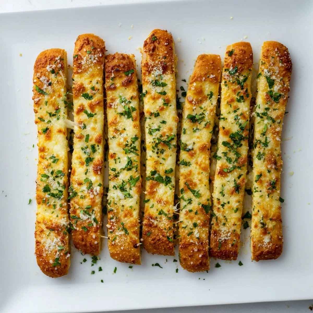 Warm keto garlic butter breadsticks with golden brown edges and parsley sprinkled on top