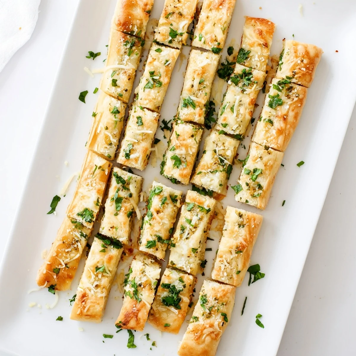 Soft low-carb cheese breadsticks topped with garlic butter and parmesan on a white plate
