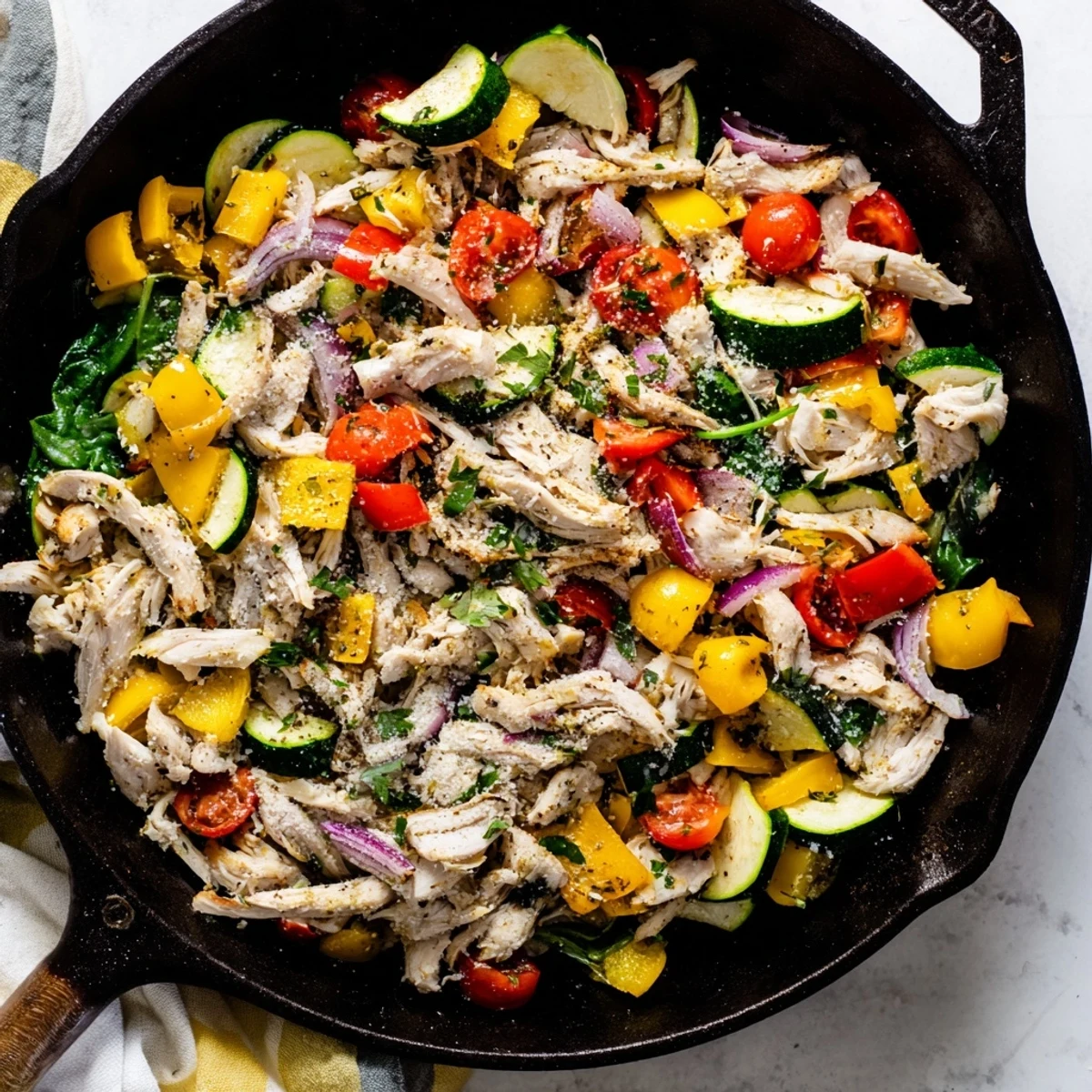 Golden rotisserie chicken and vibrant bell peppers sautéed in a cast iron skillet with fresh spinach and aromatic herbs