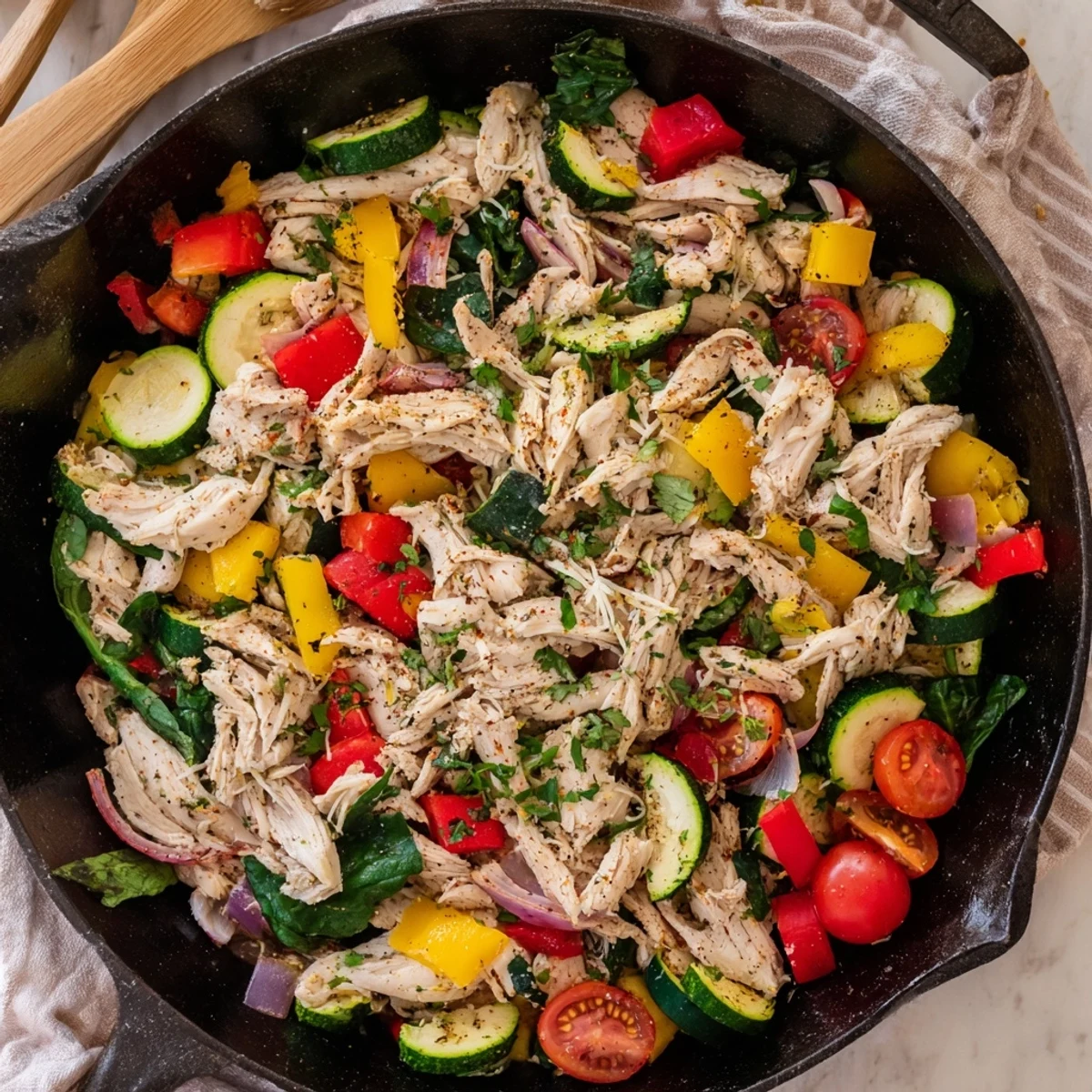 Colorful vegetable skillet featuring tender shredded rotisserie chicken, zucchini, cherry tomatoes, and Italian seasoning ready for weeknight dining