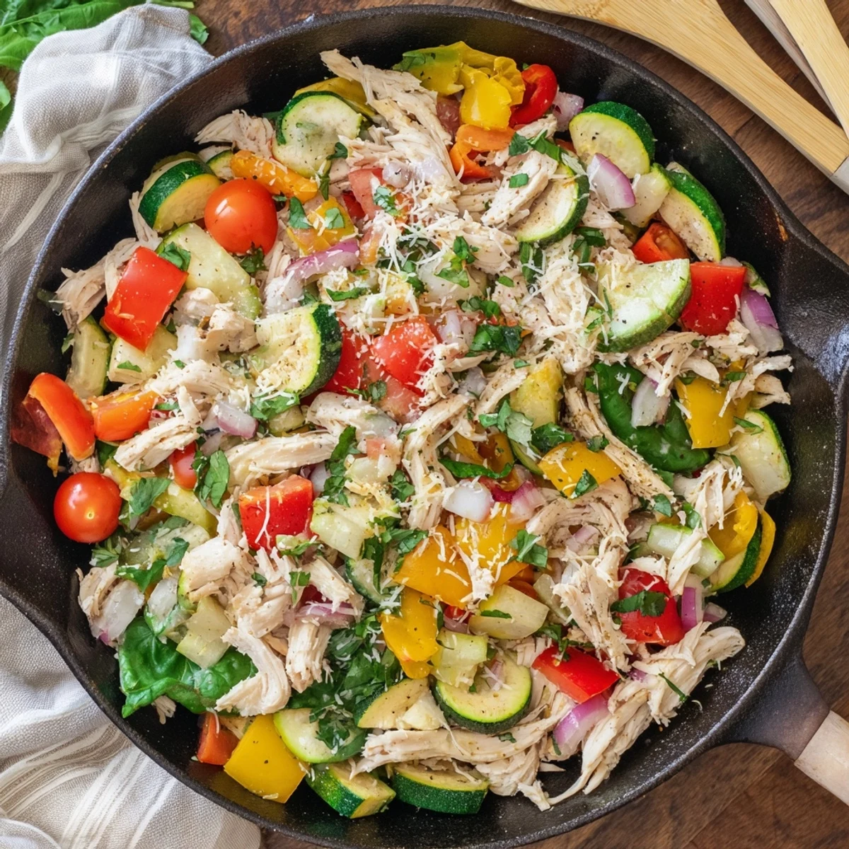 One-pan rotisserie chicken and vegetable skillet topped with parsley and Parmesan over a bed of wilted spinach