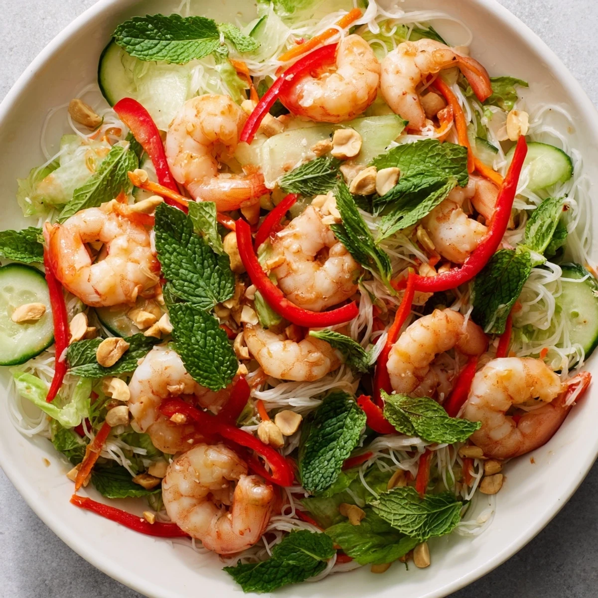 Colorful spring roll salad bowl with crisp vegetables, succulent shrimp, and spicy ginger dressing drizzled over fresh mint and cilantro