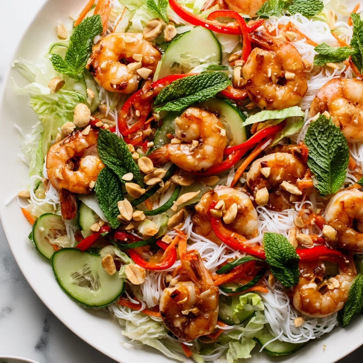 Vibrant Vietnamese-inspired spring roll salad plated with crunchy peanuts, crisp cucumber, and protein-rich shrimp coated in tangy spicy ginger dressing