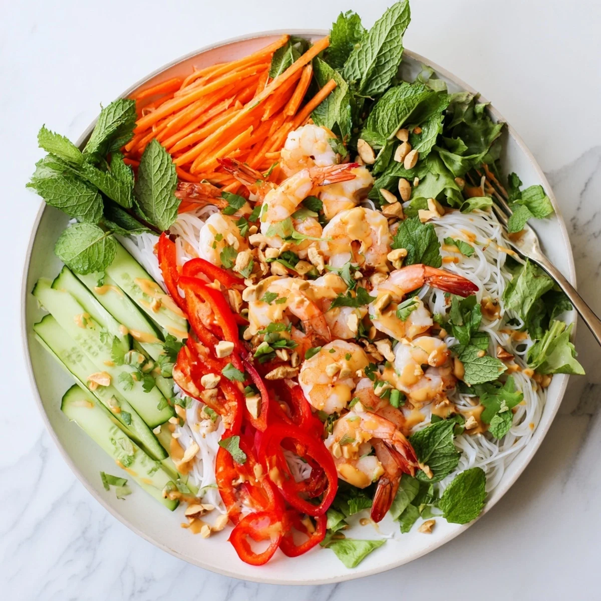 Colorful spring roll salad bowl with crisp vegetables, shrimp, and zesty ginger dressing drizzled over fresh herbs and noodles