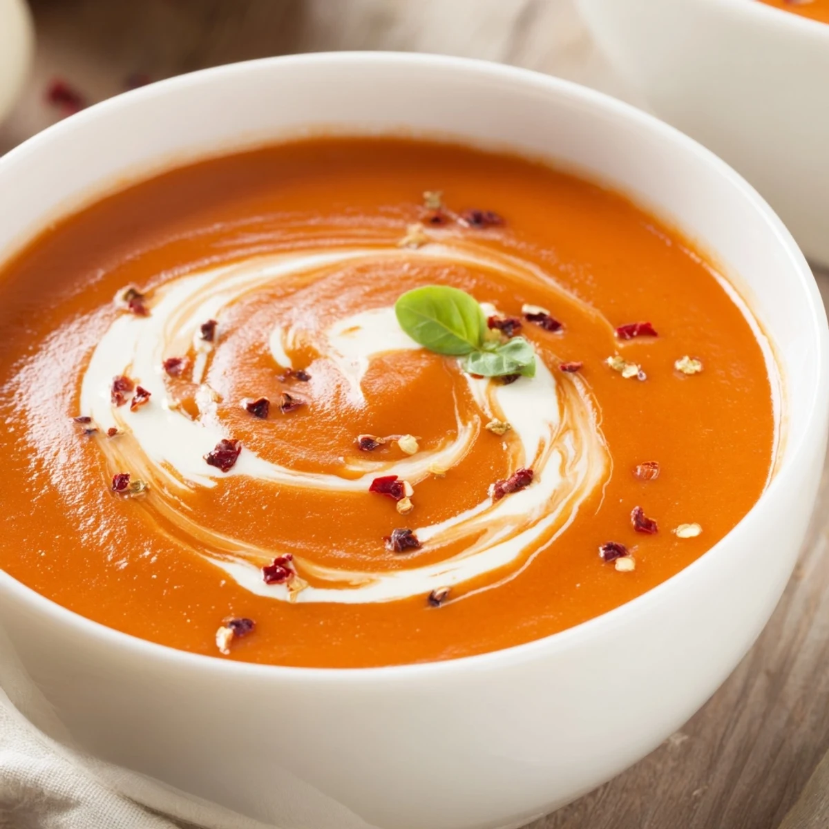 Creamy cozy tomato soup with roasted tomatoes and fresh basil garnish in a white bowl