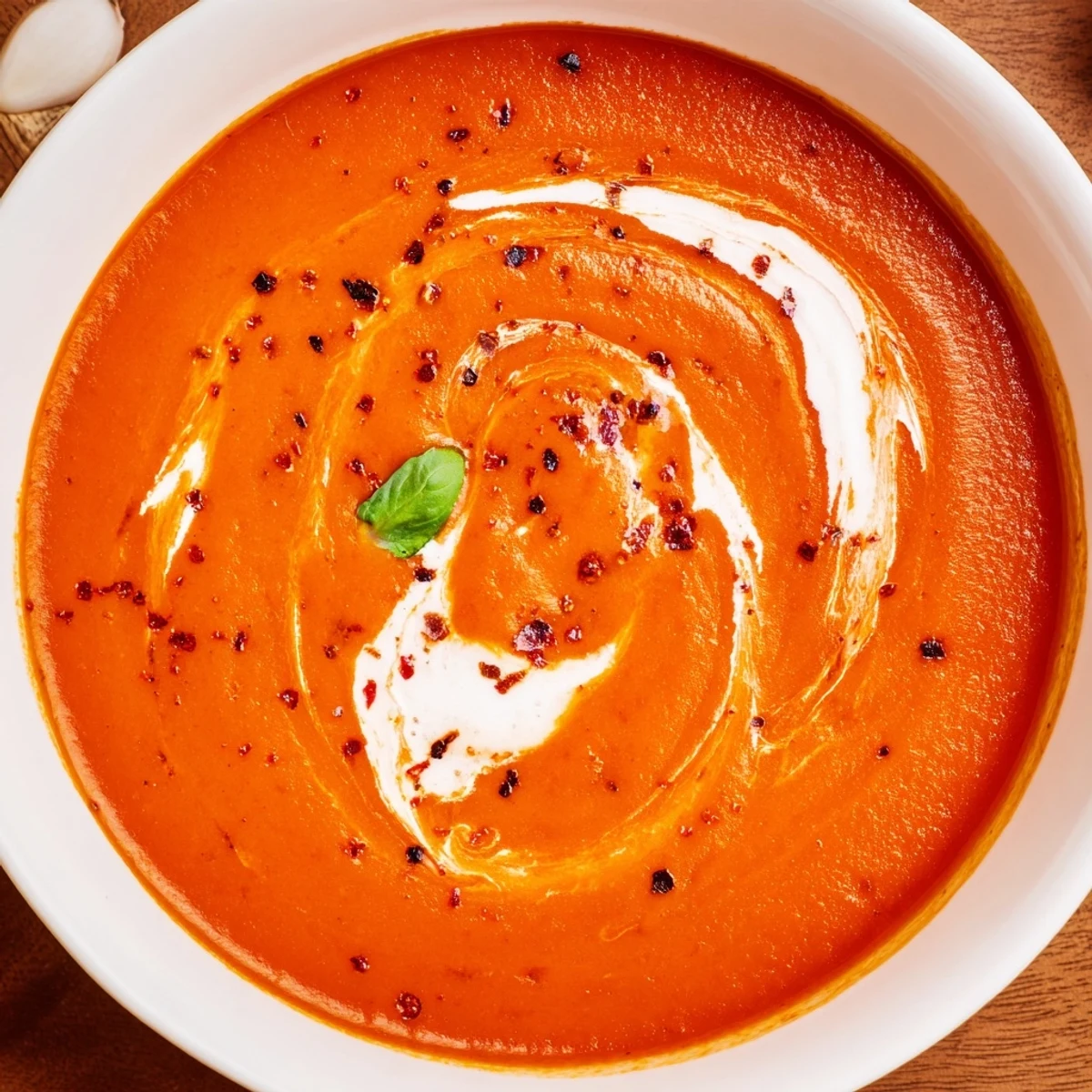 Steaming bowl of cozy tomato soup drizzled with cream alongside crusty bread on wooden table