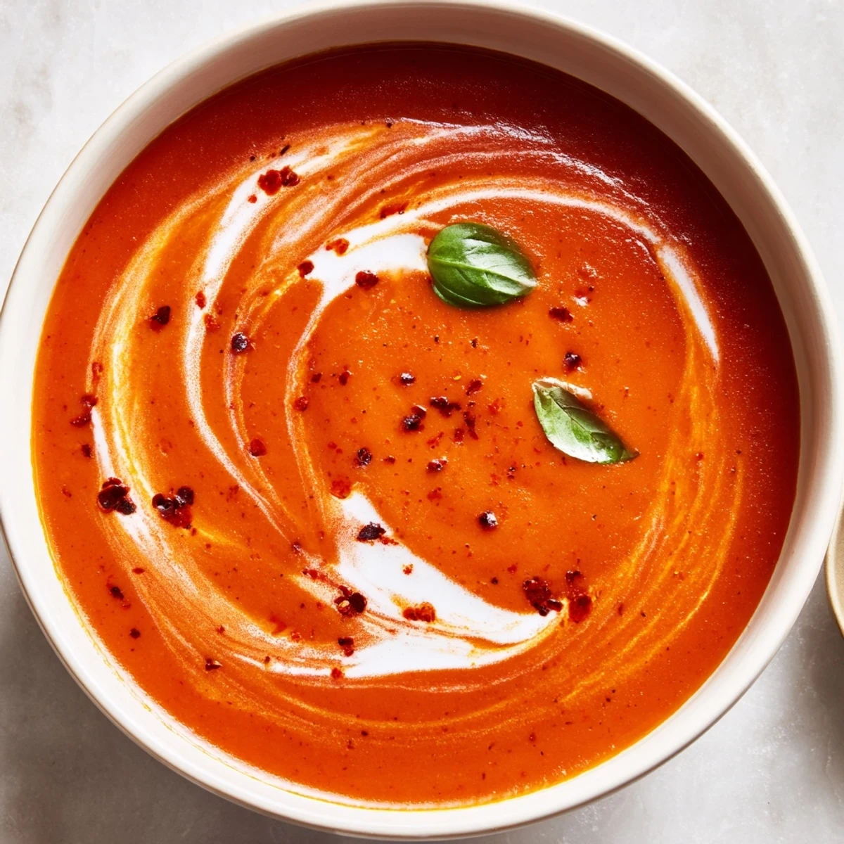 Velvety cozy tomato soup featuring caramelized roasted tomatoes and aromatic herbs with cream swirl