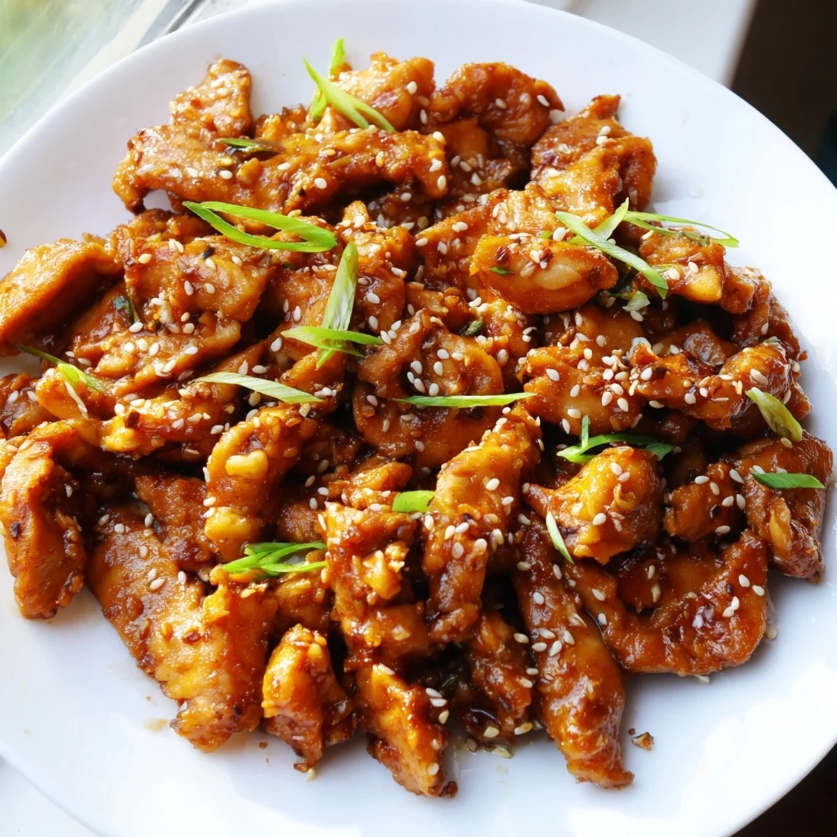 Golden glazed Crock Pot Sesame Chicken garnished with sesame seeds and fresh green onions over steaming white rice