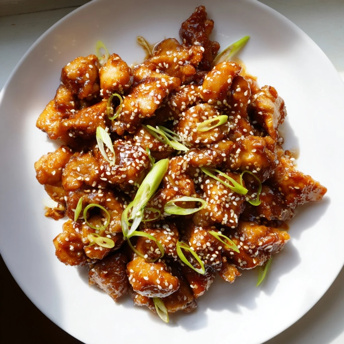 Tender slow cooker chicken pieces coated in thick savory sesame sauce with chopped scallions and rice