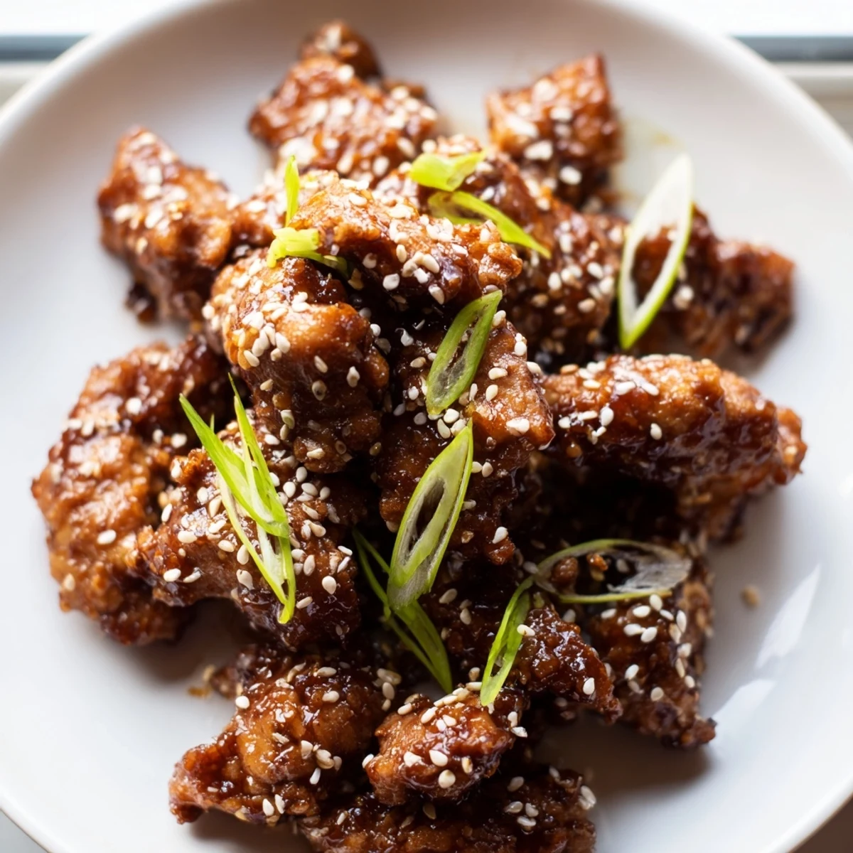Shredded Crock Pot Sesame Chicken in rich honey-soy glaze topped with white sesame seeds and sliced onions