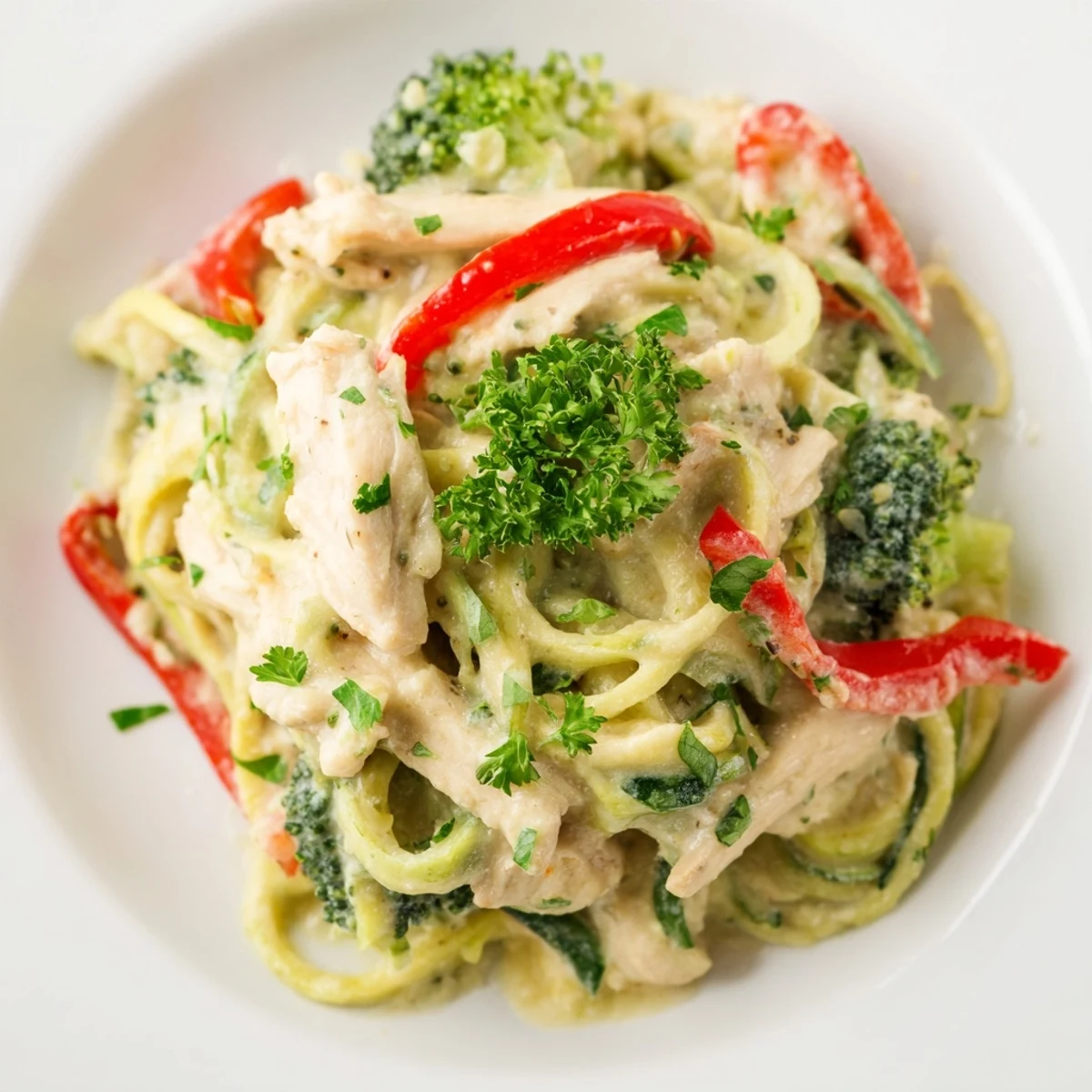 Creamy zucchini noodle chicken Alfredo bowl topped with tender chicken strips and colorful vegetables