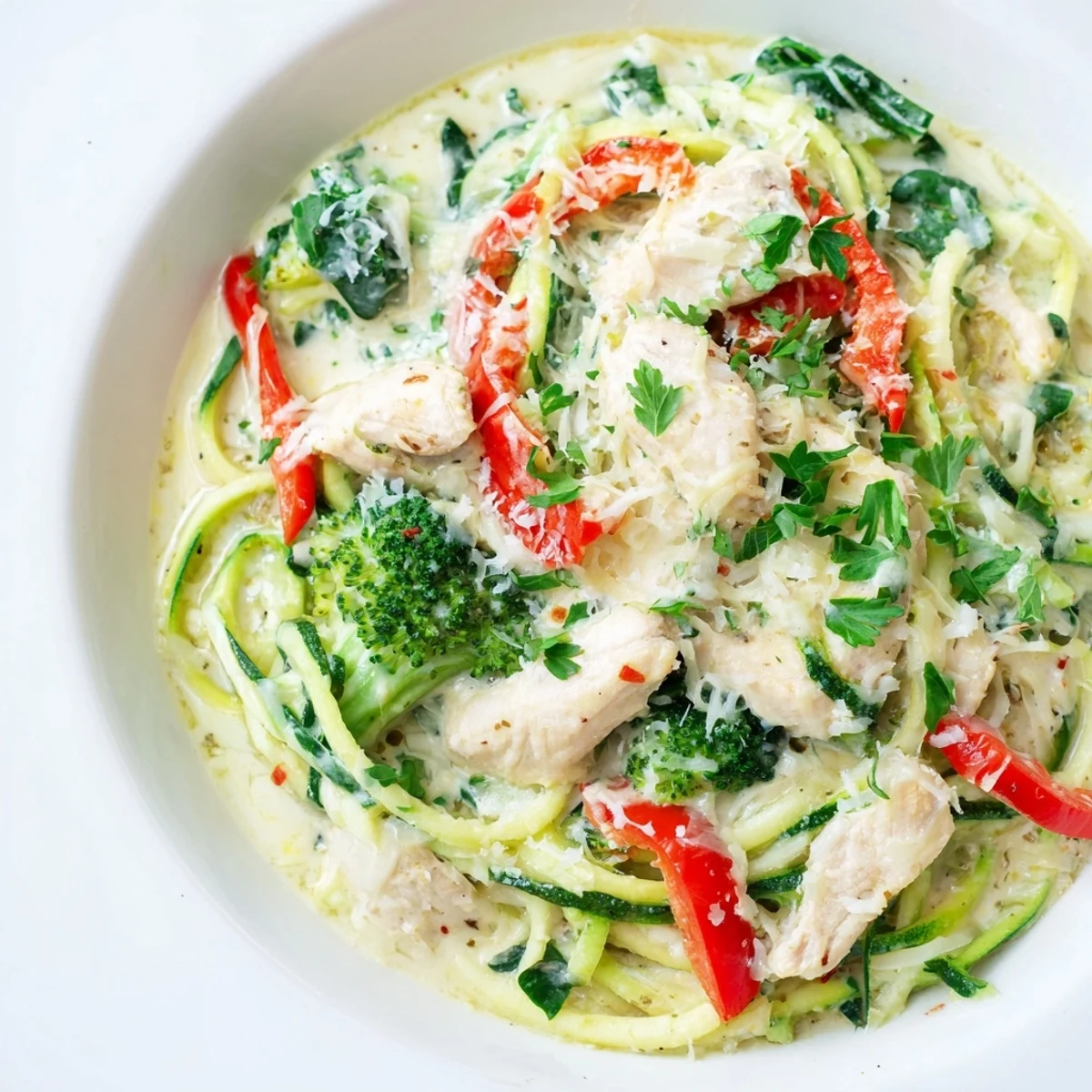 Steaming plate of protein-packed zucchini noodle chicken Alfredo garnished with fresh parsley and parmesan