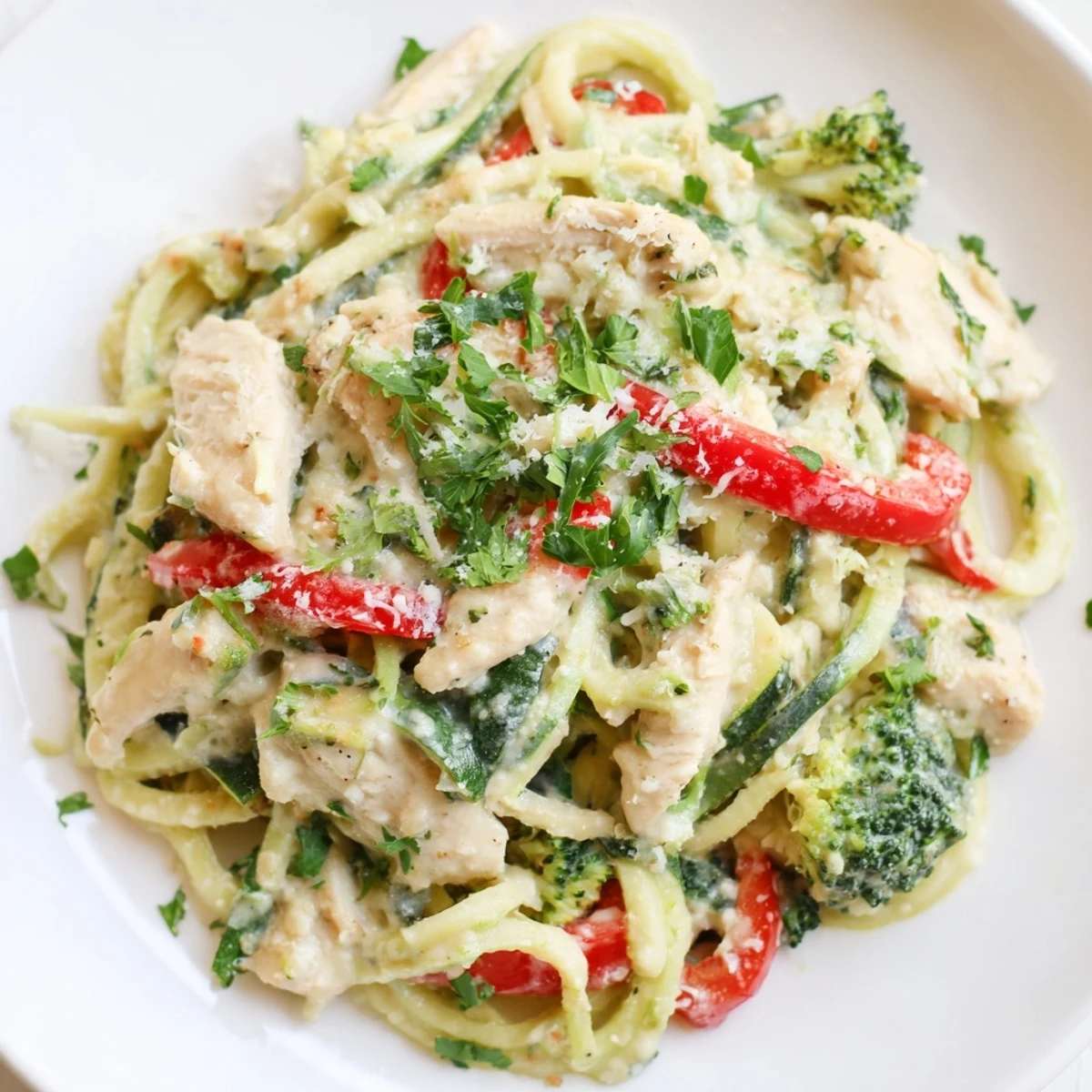 Golden chicken breast slices served over spiralized zucchini noodles in a rich white parmesan sauce